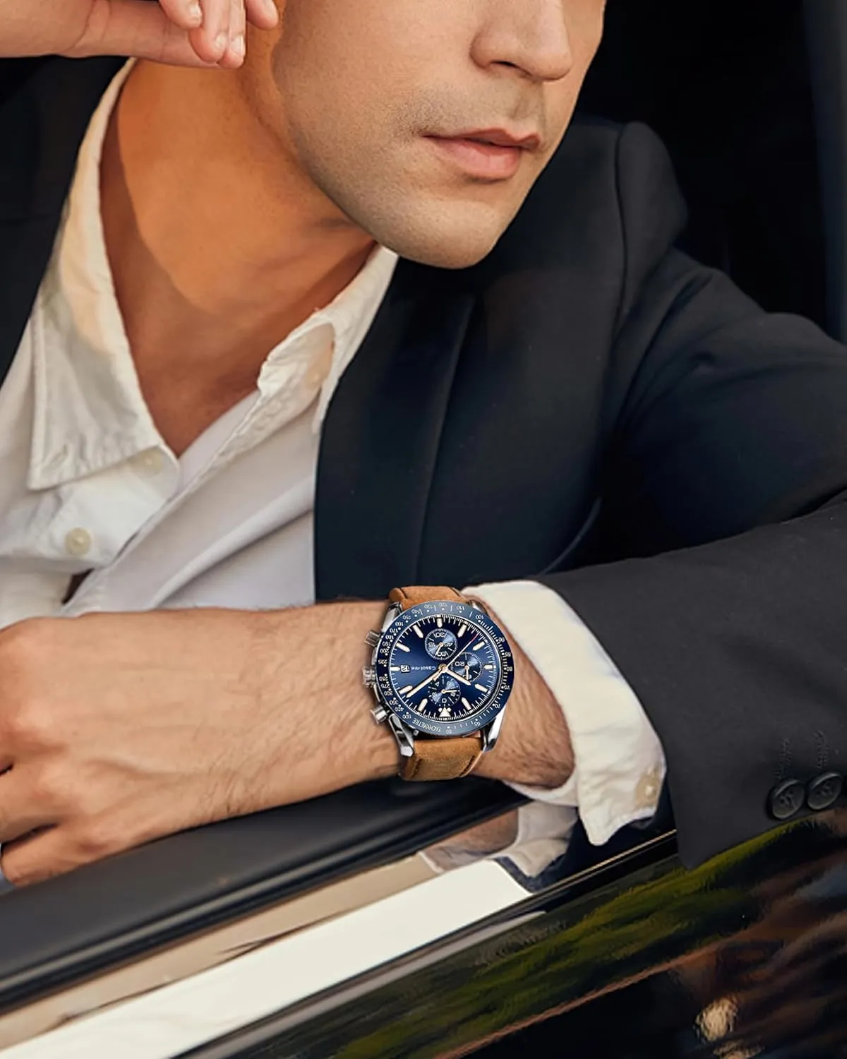Men's Leather Band Chronograph Watch - 30M Waterproof Big Face Analog Quartz Date - Work Sport Casual Classical Fashion Designer Dress Wrist Watch - Elegant Gift for Men
