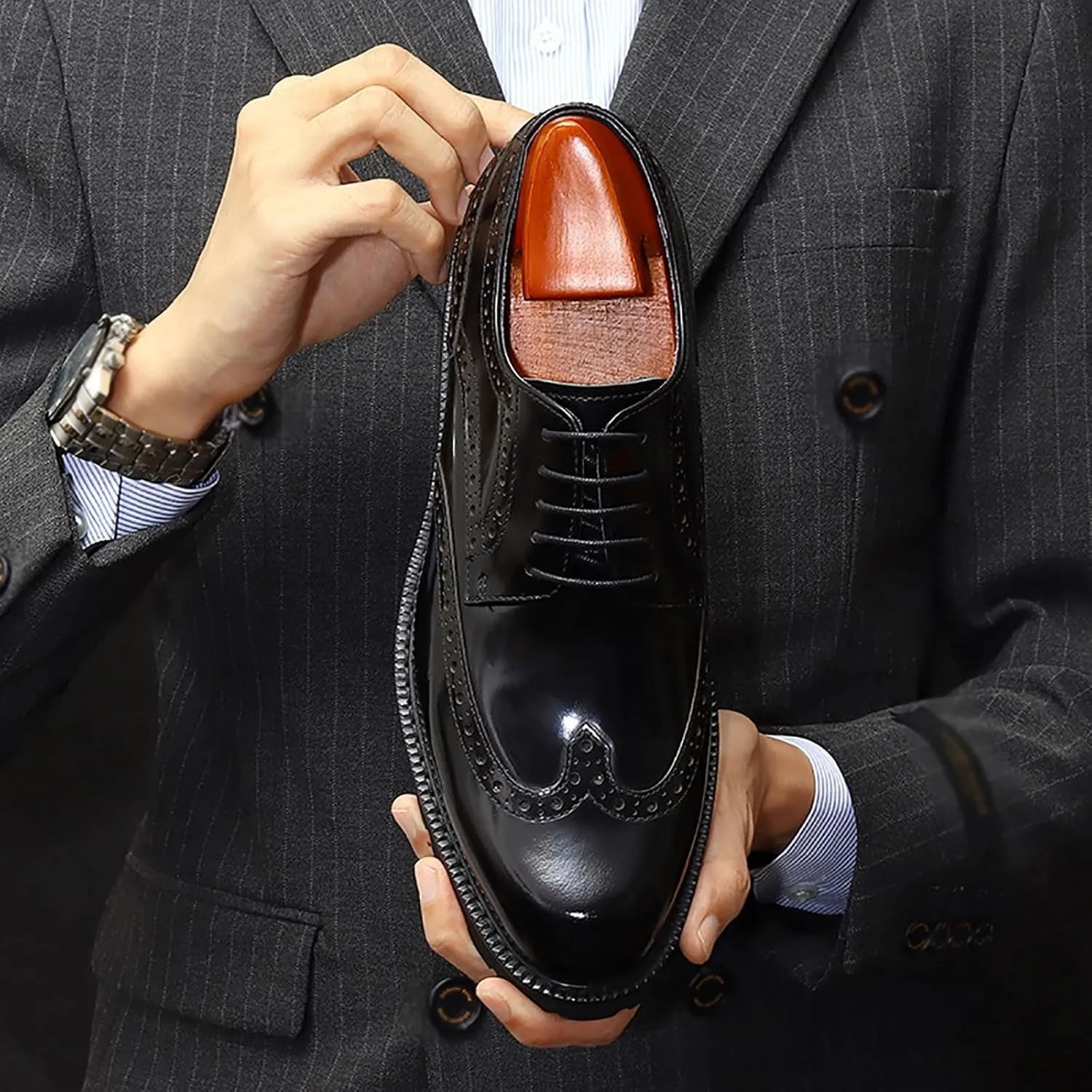 Men's Patent Leather Formal Dress Shoes for Business and Events Pointed Toe Low Heel Rubber Sole Professional Office Wear