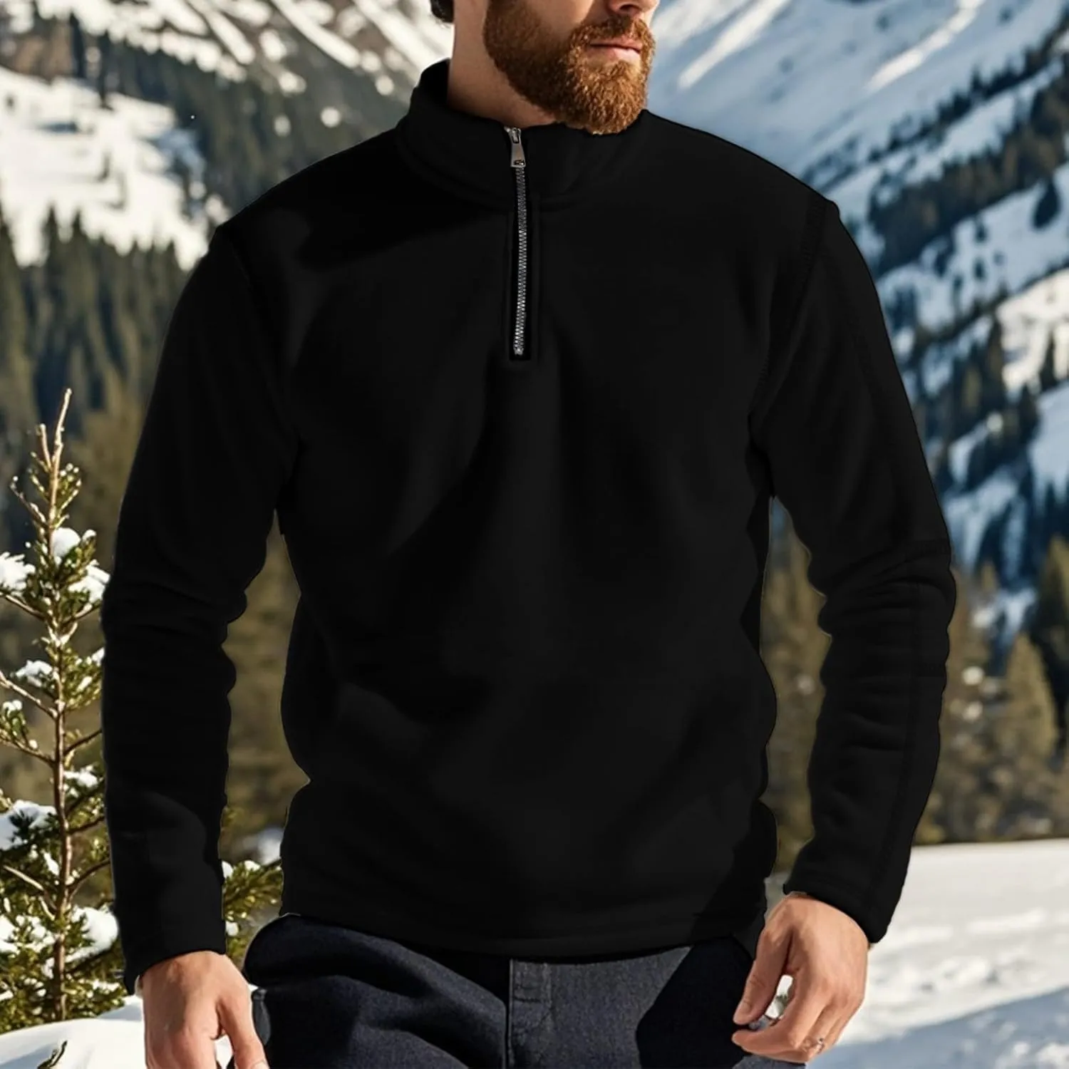 Men's Sherpa Lined Quarter Zip Sweatshirt Fleece Long Sleeve Heavyweight Pullover Tops Winter Turtleneck Warm Shirts