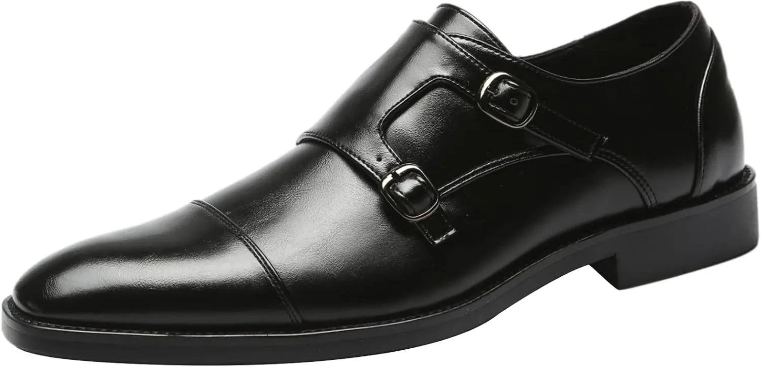 Men's Smart Monk Brogues Genuine Leather Wooden Heel Formal Dress Shoes