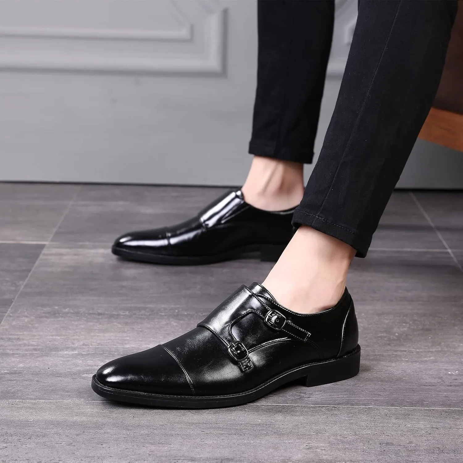 Men's Smart Monk Brogues Genuine Leather Wooden Heel Formal Dress Shoes