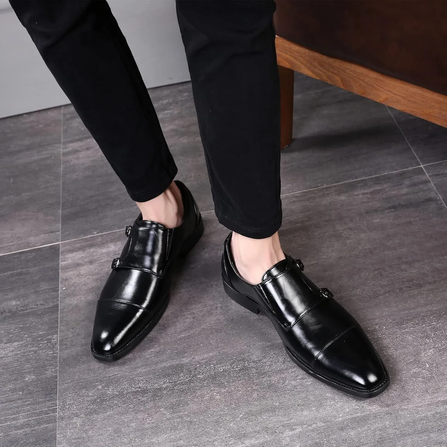 Men's Smart Monk Brogues Genuine Leather Wooden Heel Formal Dress Shoes