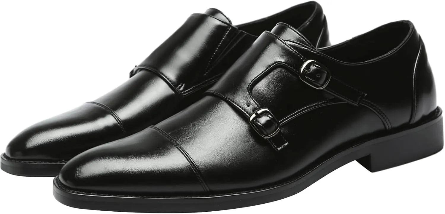 Men's Smart Monk Brogues Genuine Leather Wooden Heel Formal Dress Shoes