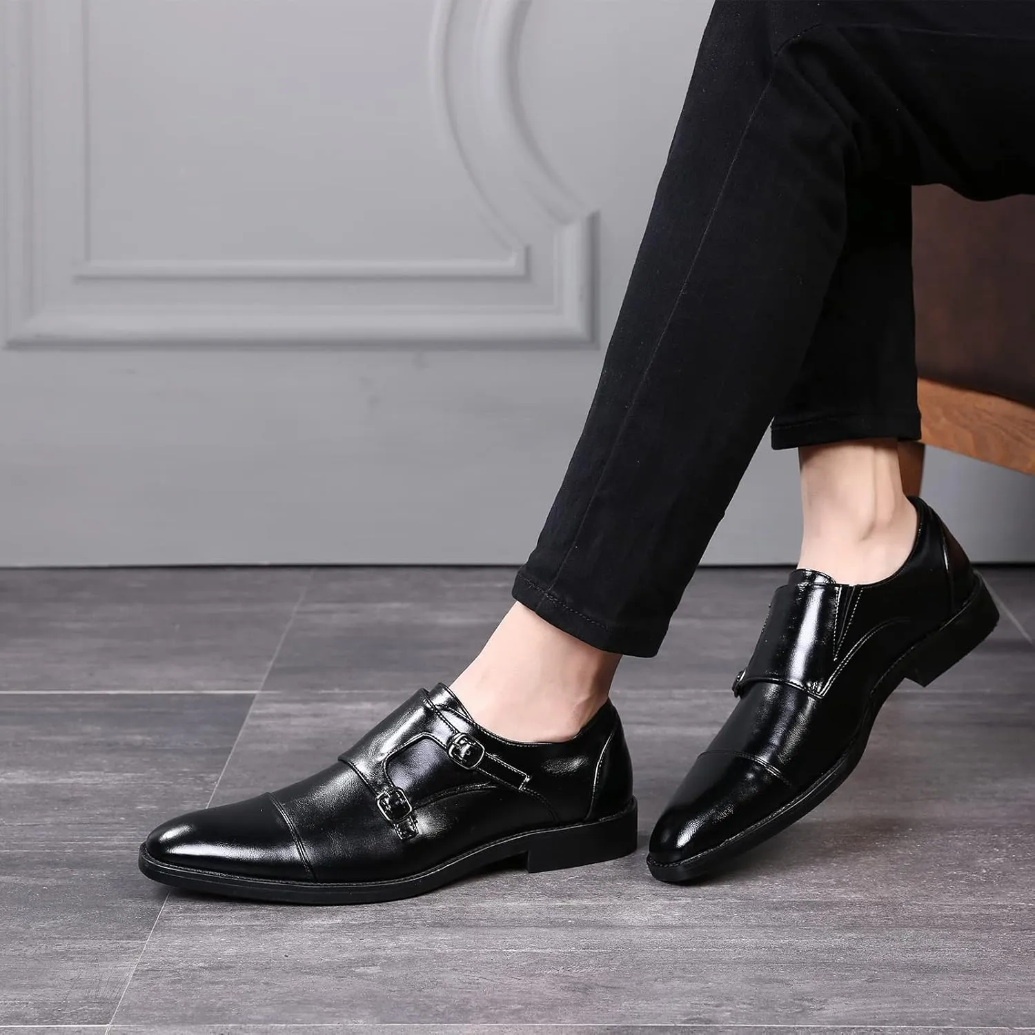 Men's Smart Monk Brogues Genuine Leather Wooden Heel Formal Dress Shoes