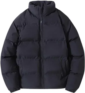Men's Stand Collar Puffer Jacket Thickened Winter Warm Casual Loose Solid Color Down Jackets Zip Up Ski Bubble Coat