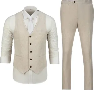 Mens Suit Set Linen Beach Wedding Two Pieces Formal Elegant Summer Prom Dinner Vests Pants for Men