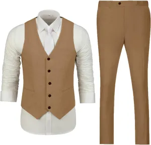 Mens Suit Set Linen Beach Wedding Two Pieces Formal Elegant Summer Prom Dinner Vests Pants for Men