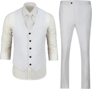 Mens Suit Set Linen Beach Wedding Two Pieces Formal Elegant Summer Prom Dinner Vests Pants for Men