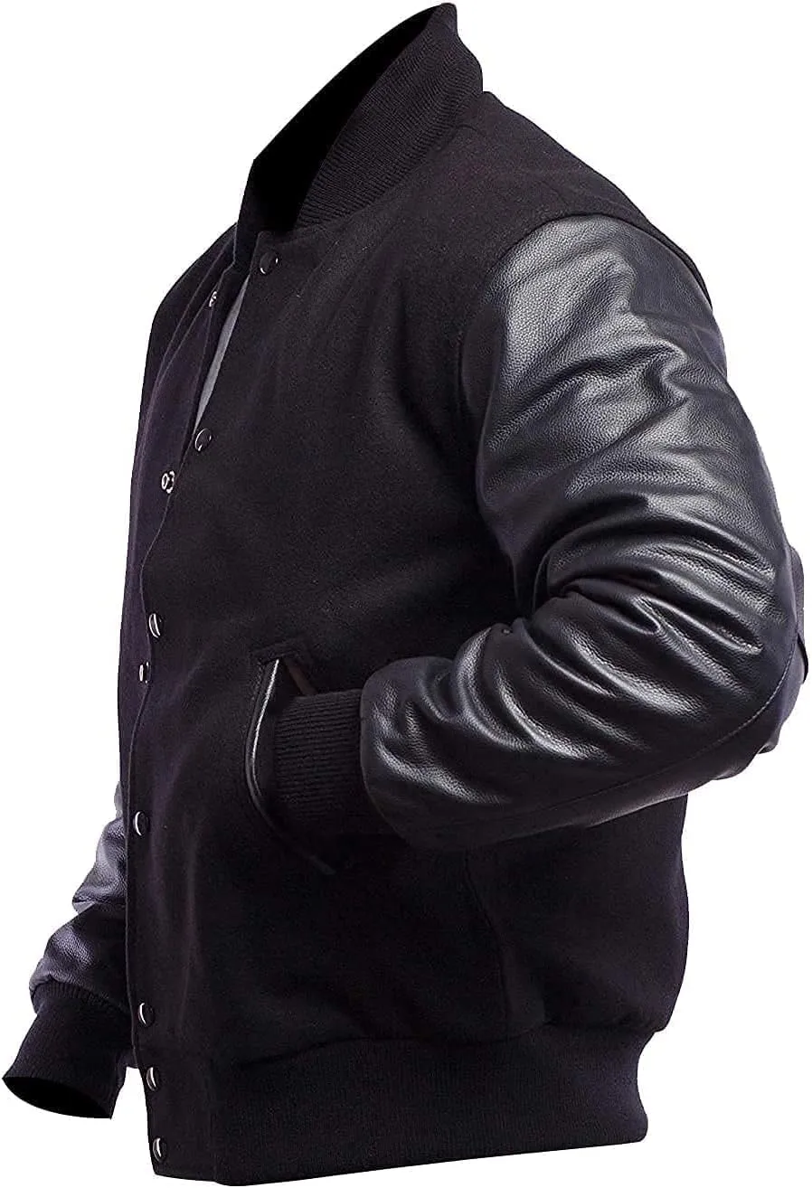 Men's Varsity Jacket Genuine Leather Sleeve Wool Blend Letterman Jacket - High School Baseball Bomber Jackets