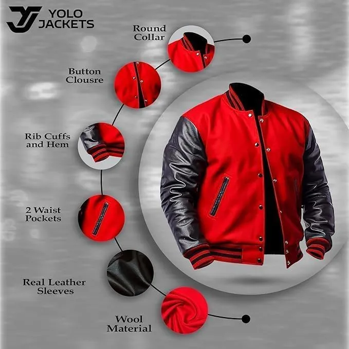 Men's Varsity Jacket Genuine Leather Sleeve Wool Blend Letterman Jacket - High School Baseball Bomber Jackets