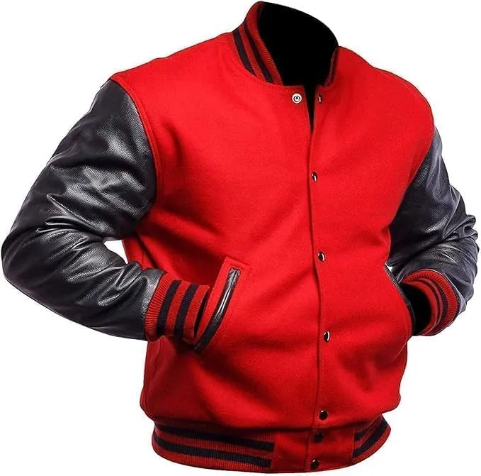 Men's Varsity Jacket Genuine Leather Sleeve Wool Blend Letterman Jacket - High School Baseball Bomber Jackets