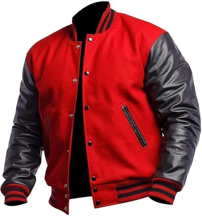 Men's Varsity Jacket Genuine Leather Sleeve Wool Blend Letterman Jacket - High School Baseball Bomber Jackets
