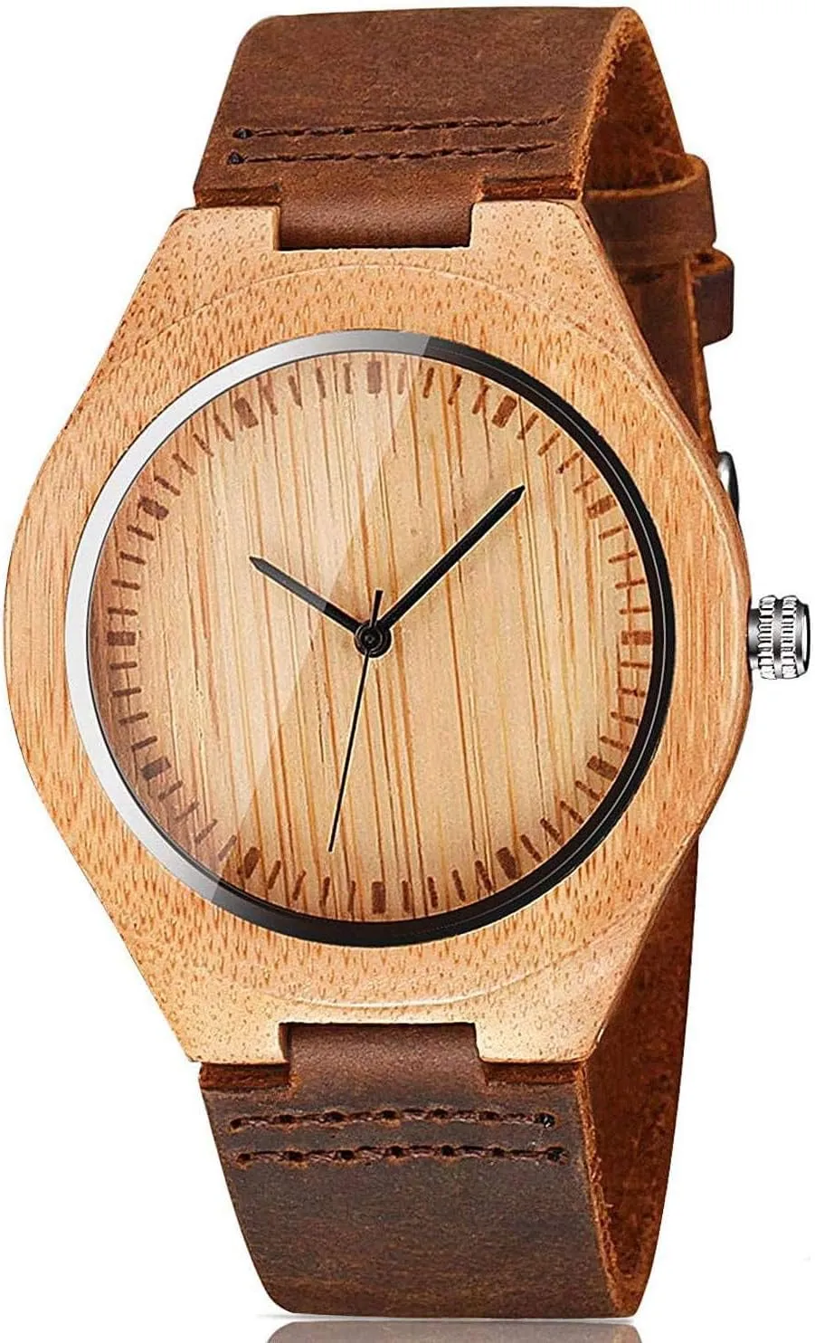 Mens Wooden Watches Brown Cowhide Leather Strap Casual Watch for Groomsmen Gift with Box