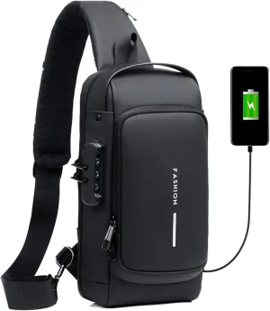 Menu-Sling Backpack Pack With Lock - Waterproof, Anti-Theft, Chest Bag With USB Charging Port - Shoulder, Crossbody, Backpack