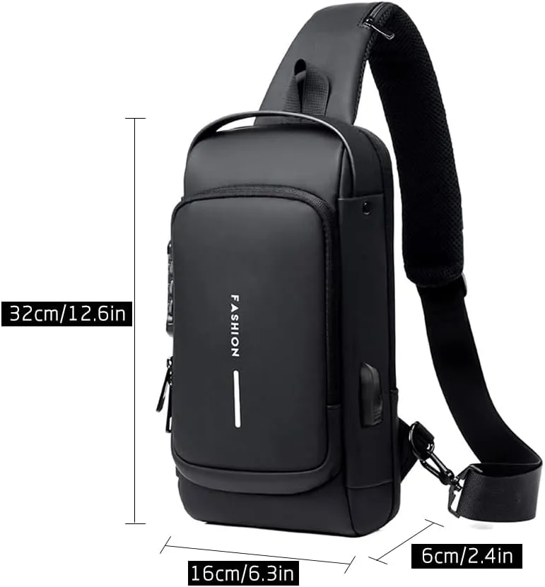 Menu-Sling Backpack Pack With Lock - Waterproof, Anti-Theft, Chest Bag With USB Charging Port - Shoulder, Crossbody, Backpack