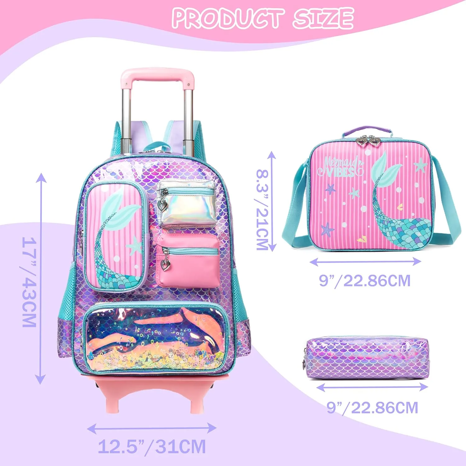 Mermaid Rolling Backpack for Kids Backpack with Wheels School Girls Roller Bag with Lunch Box Pencil Case for Students, Purple