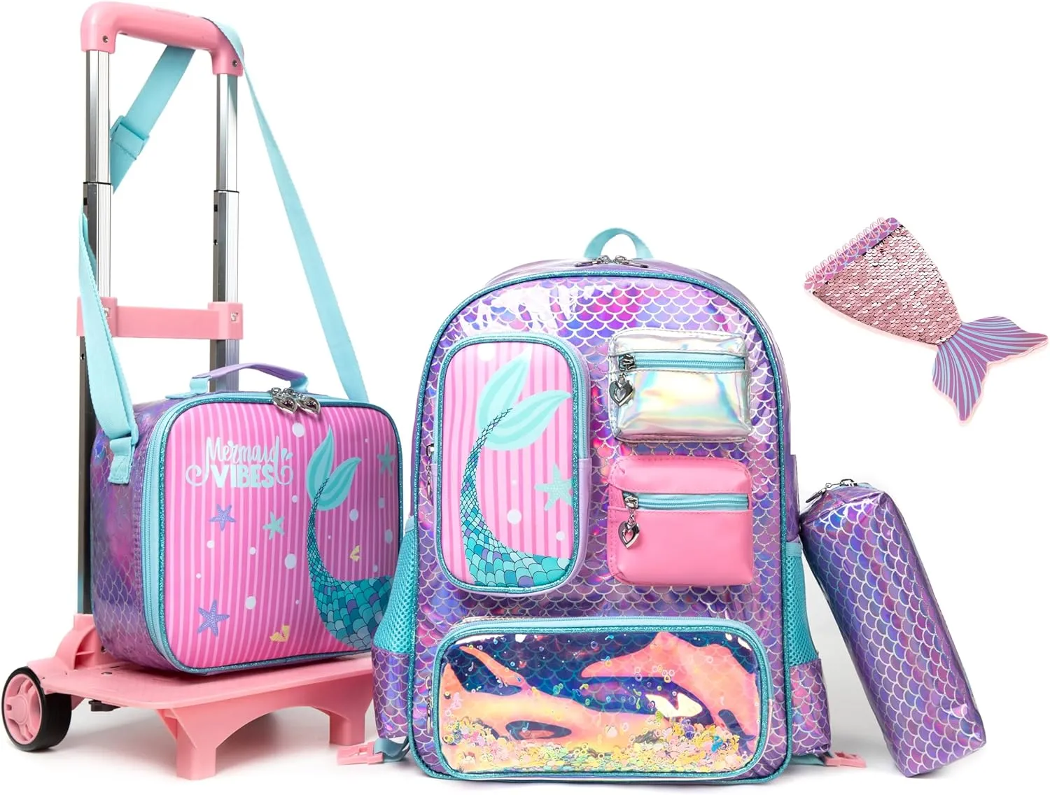 Mermaid Rolling Backpack for Kids Backpack with Wheels School Girls Roller Bag with Lunch Box Pencil Case for Students, Purple