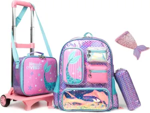 Mermaid Rolling Backpack for Kids Backpack with Wheels School Girls Roller Bag with Lunch Box Pencil Case for Students, Purple