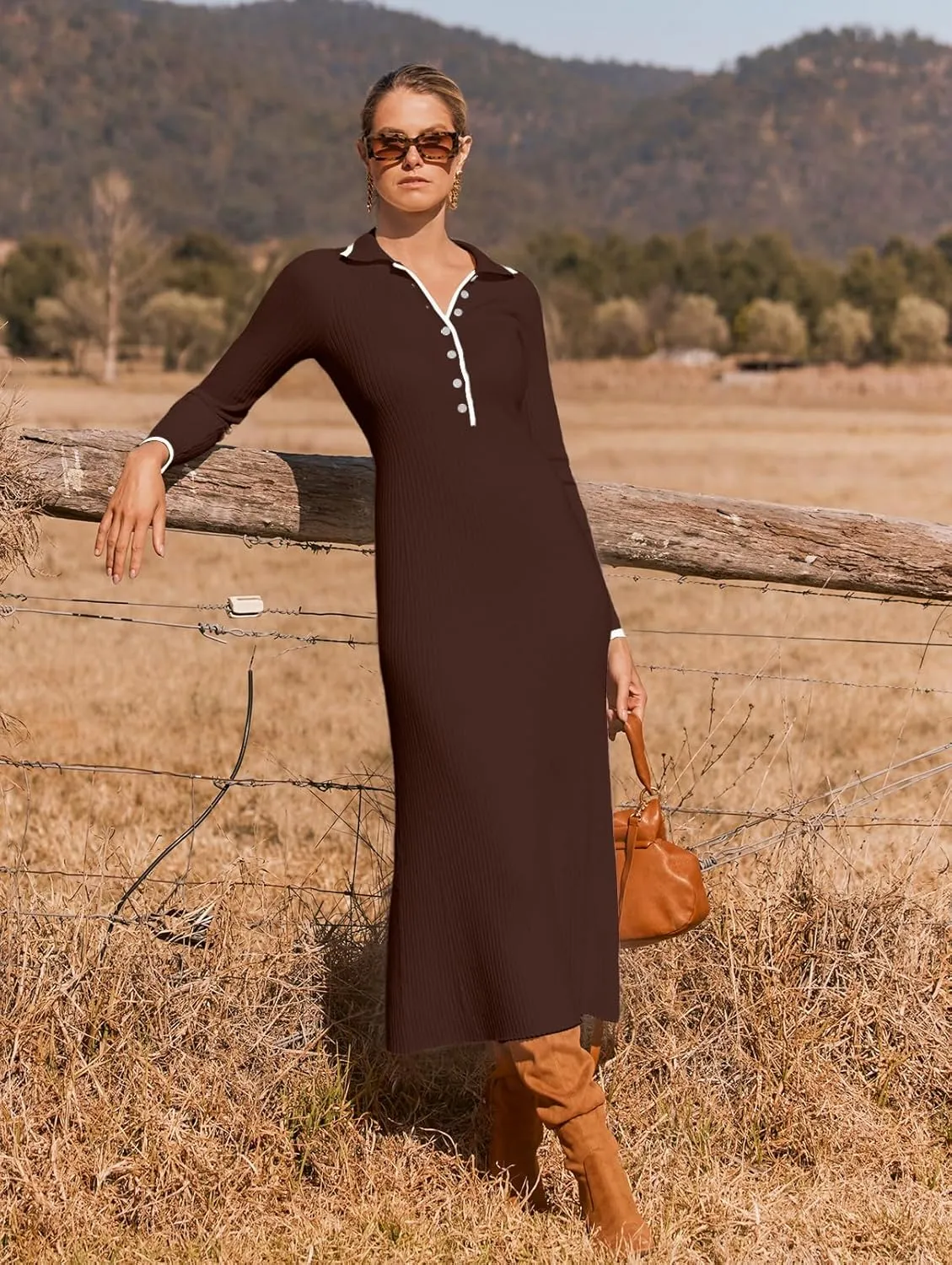 MEROKEETY Women's Long Sleeve V Neck Sweater Dress Button Ribbed Knit Slim Fit Elegant Maxi Dresses