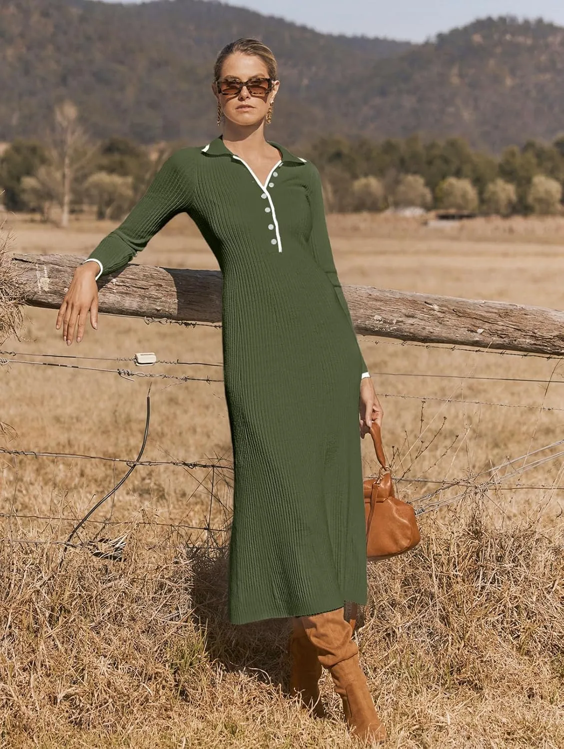 MEROKEETY Women's Long Sleeve V Neck Sweater Dress Button Ribbed Knit Slim Fit Elegant Maxi Dresses