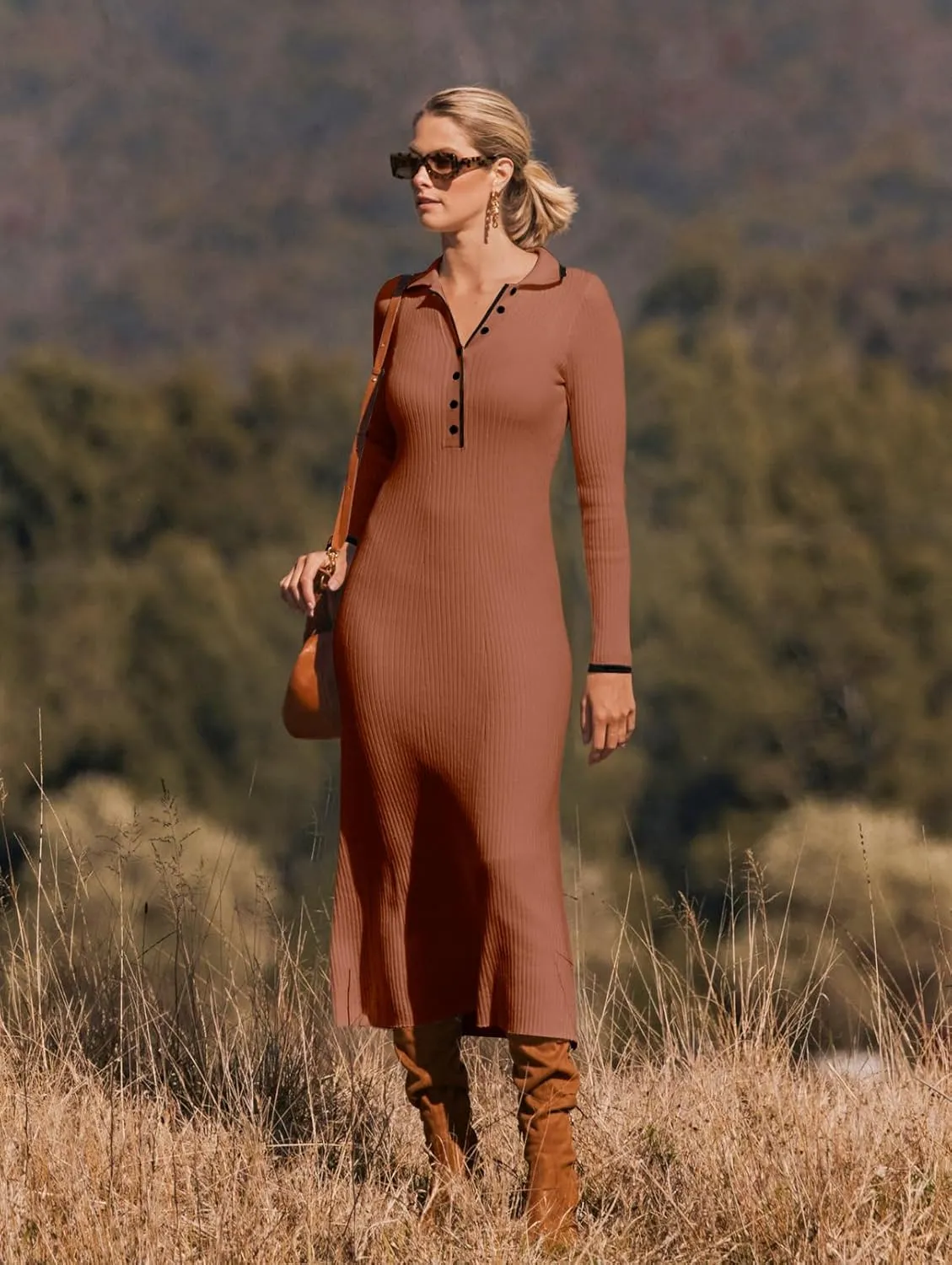 MEROKEETY Women's Long Sleeve V Neck Sweater Dress Button Ribbed Knit Slim Fit Elegant Maxi Dresses