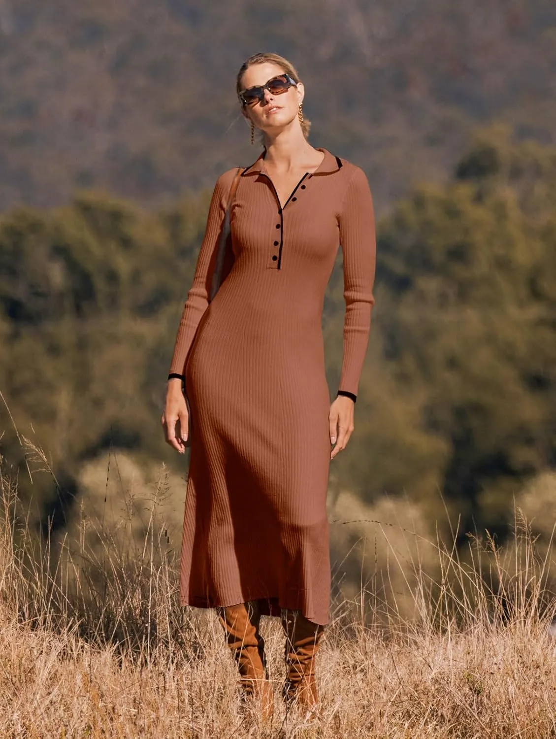 MEROKEETY Women's Long Sleeve V Neck Sweater Dress Button Ribbed Knit Slim Fit Elegant Maxi Dresses
