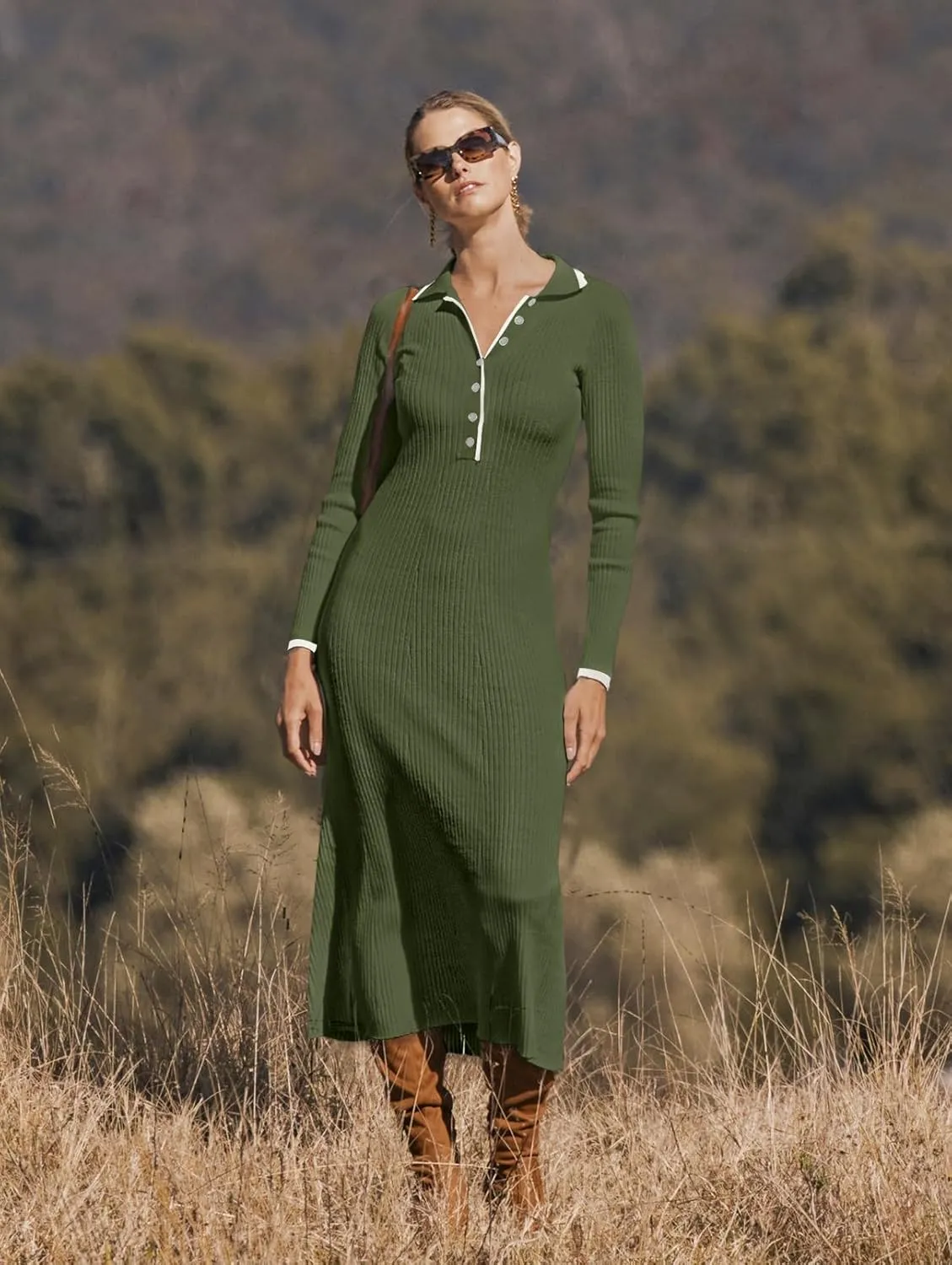 MEROKEETY Women's Long Sleeve V Neck Sweater Dress Button Ribbed Knit Slim Fit Elegant Maxi Dresses