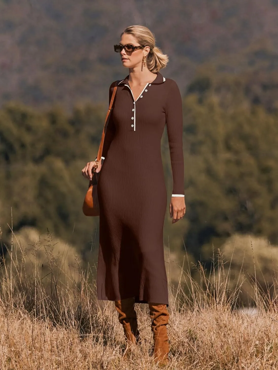 MEROKEETY Women's Long Sleeve V Neck Sweater Dress Button Ribbed Knit Slim Fit Elegant Maxi Dresses