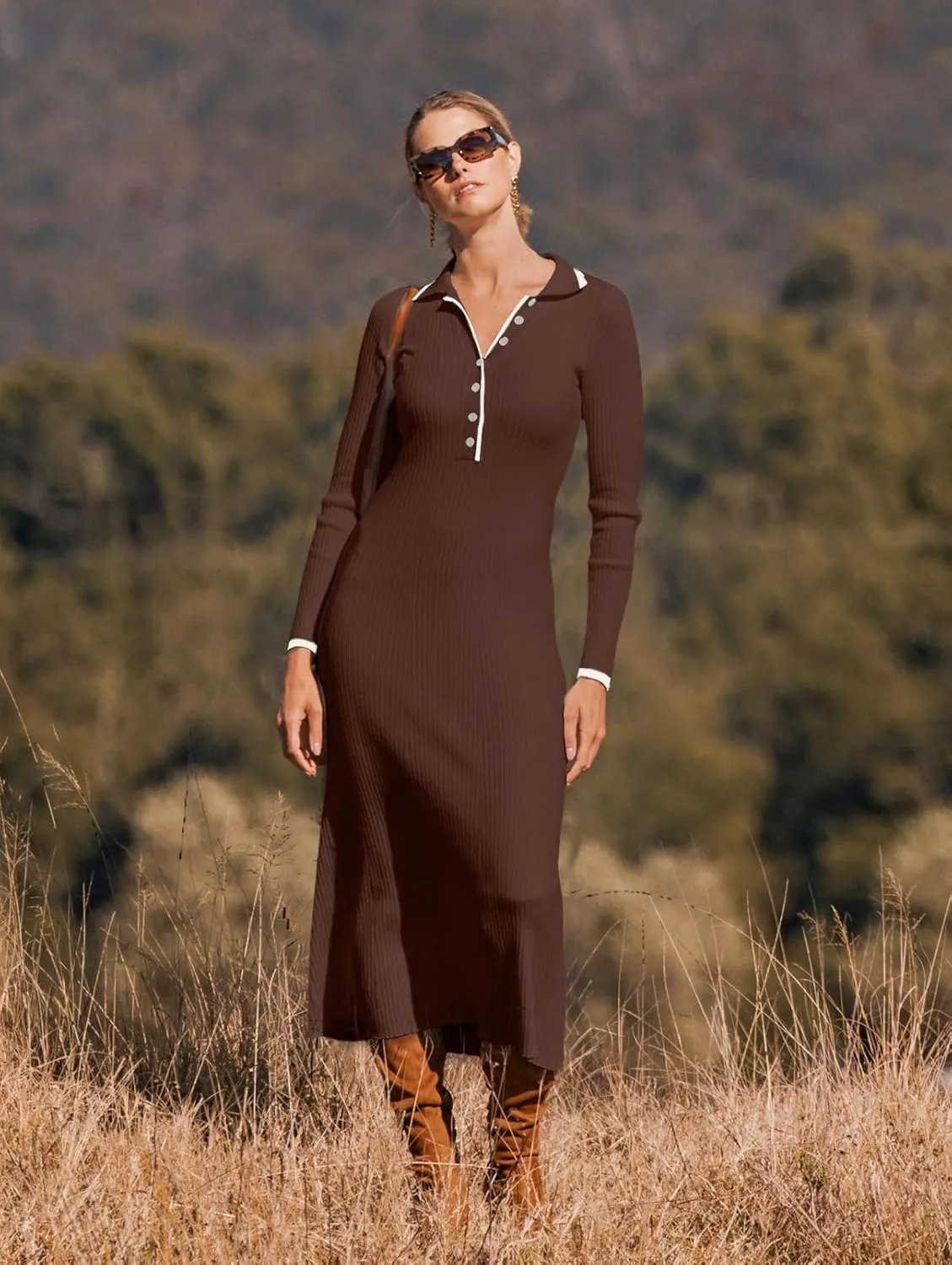 MEROKEETY Women's Long Sleeve V Neck Sweater Dress Button Ribbed Knit Slim Fit Elegant Maxi Dresses