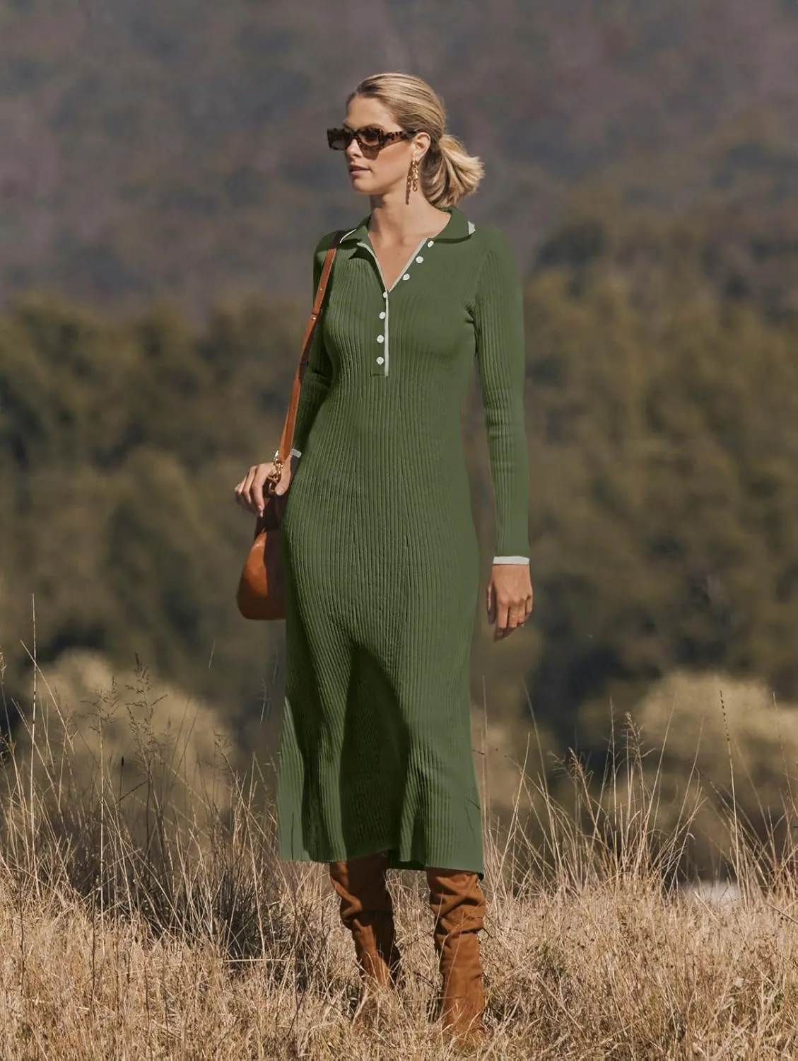 MEROKEETY Women's Long Sleeve V Neck Sweater Dress Button Ribbed Knit Slim Fit Elegant Maxi Dresses