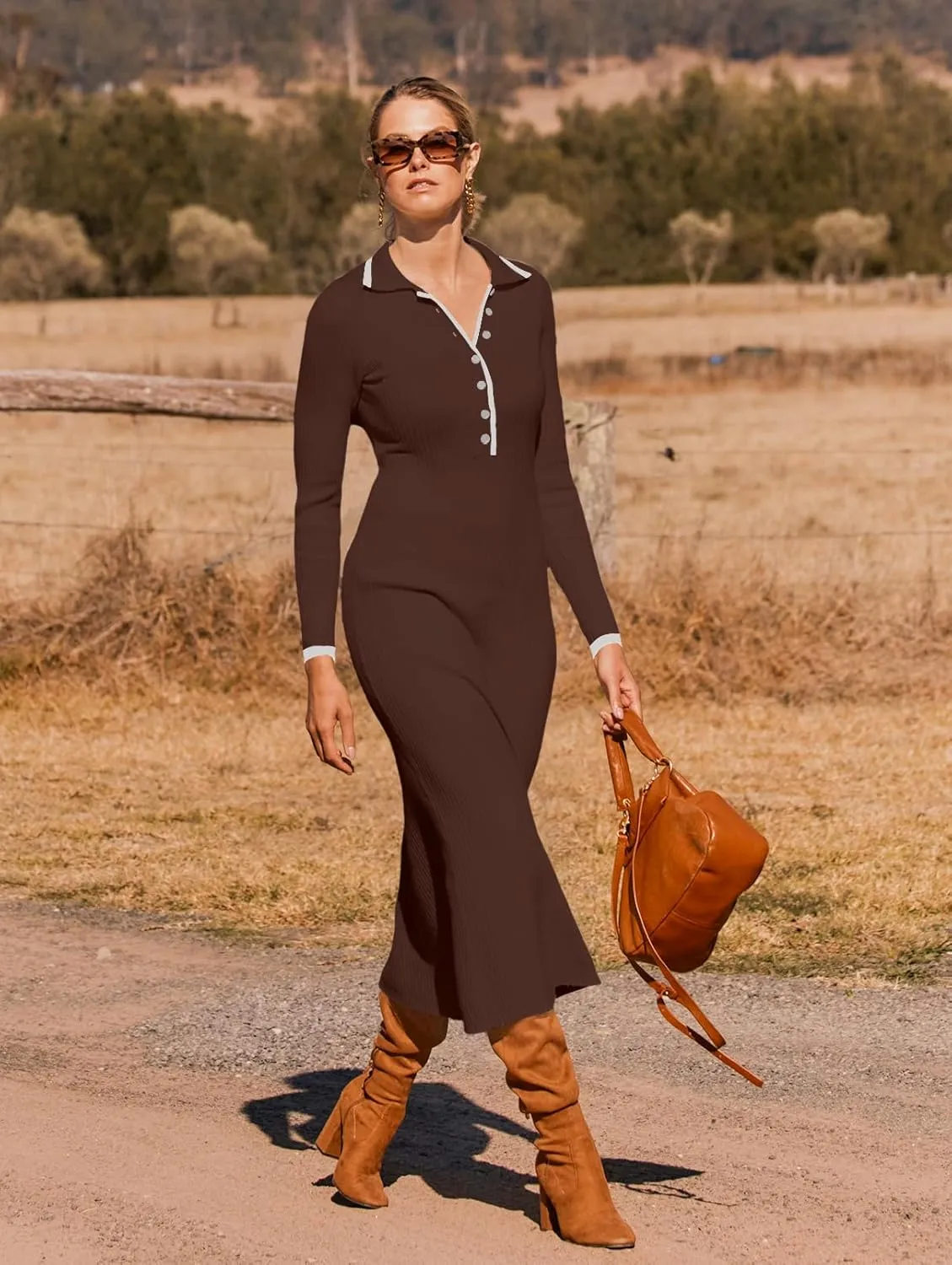 MEROKEETY Women's Long Sleeve V Neck Sweater Dress Button Ribbed Knit Slim Fit Elegant Maxi Dresses