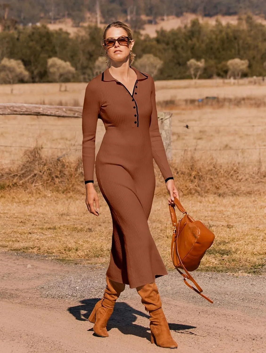 MEROKEETY Women's Long Sleeve V Neck Sweater Dress Button Ribbed Knit Slim Fit Elegant Maxi Dresses