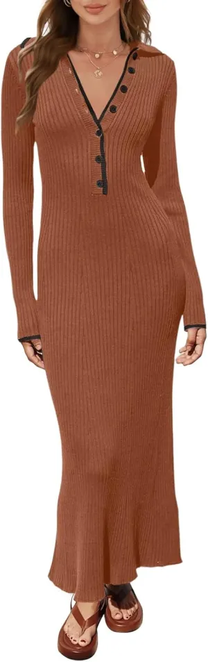 MEROKEETY Women's Long Sleeve V Neck Sweater Dress Button Ribbed Knit Slim Fit Elegant Maxi Dresses