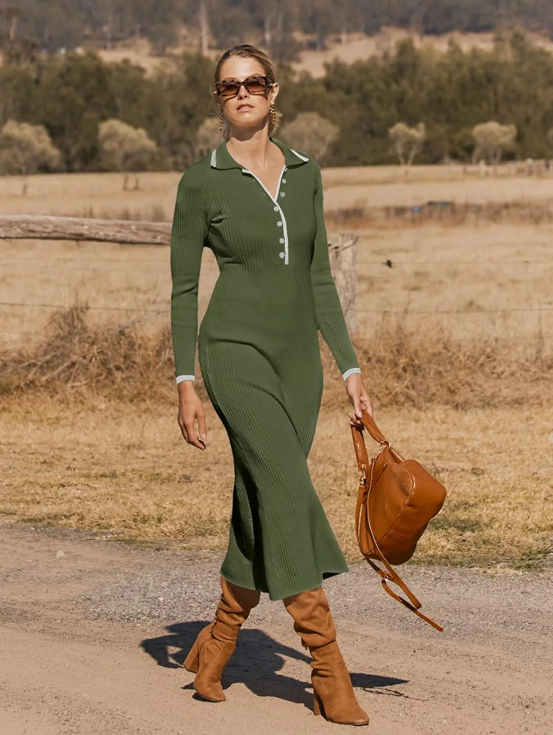 MEROKEETY Women's Long Sleeve V Neck Sweater Dress Button Ribbed Knit Slim Fit Elegant Maxi Dresses