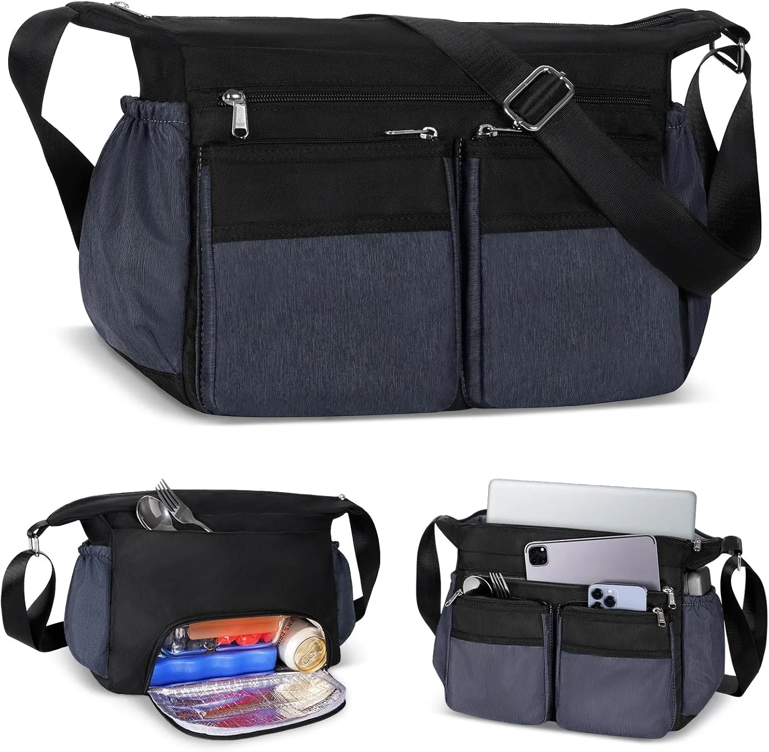 Messenger Bag with Insulated Lunch Box, Large Crossbody Bag with Leakproof Lunch Compartment for Men Women Adult, Shoulder Bag with Side Pokets for Work, Laptop iPad Water Bottle Wallet Key