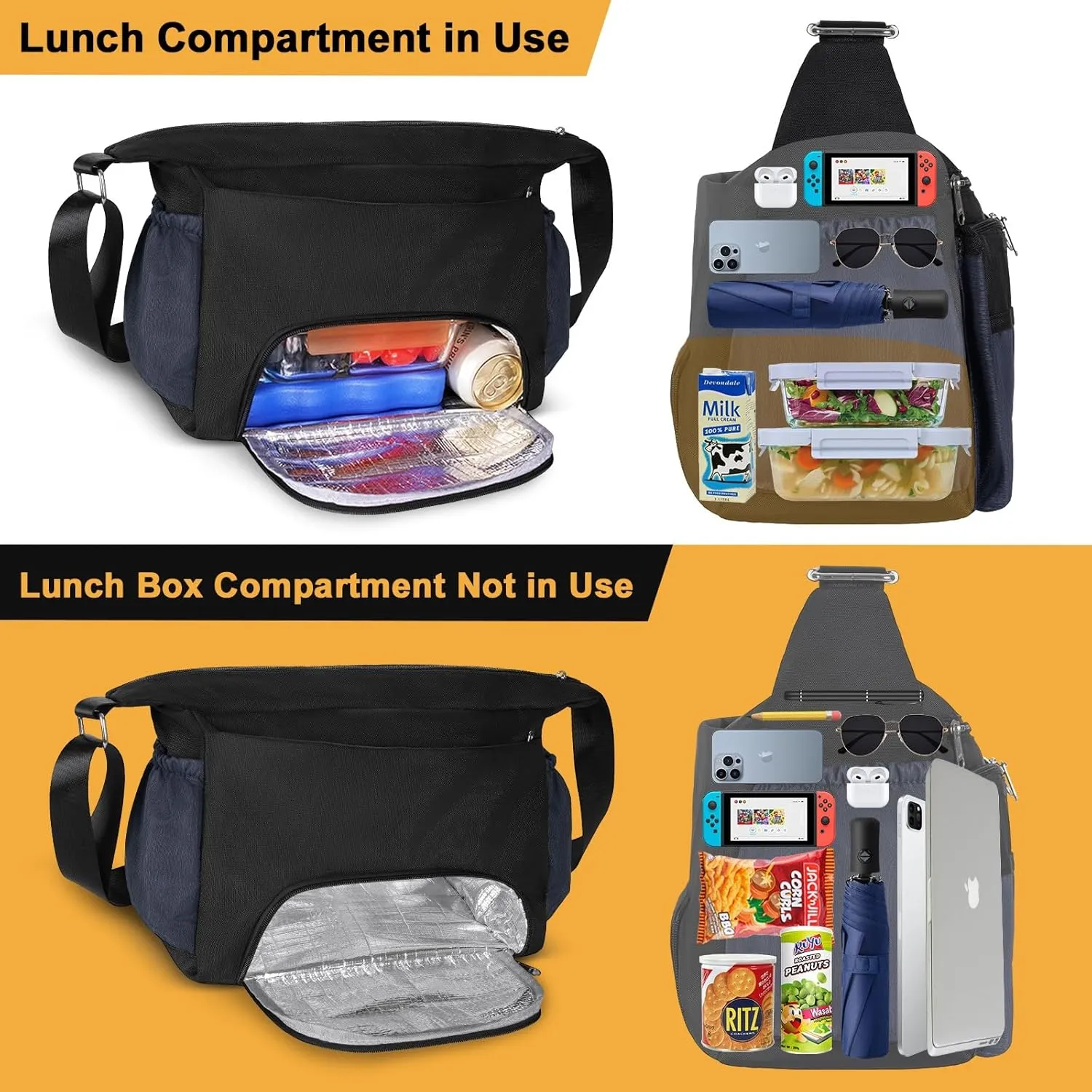 Messenger Bag with Insulated Lunch Box, Large Crossbody Bag with Leakproof Lunch Compartment for Men Women Adult, Shoulder Bag with Side Pokets for Work, Laptop iPad Water Bottle Wallet Key