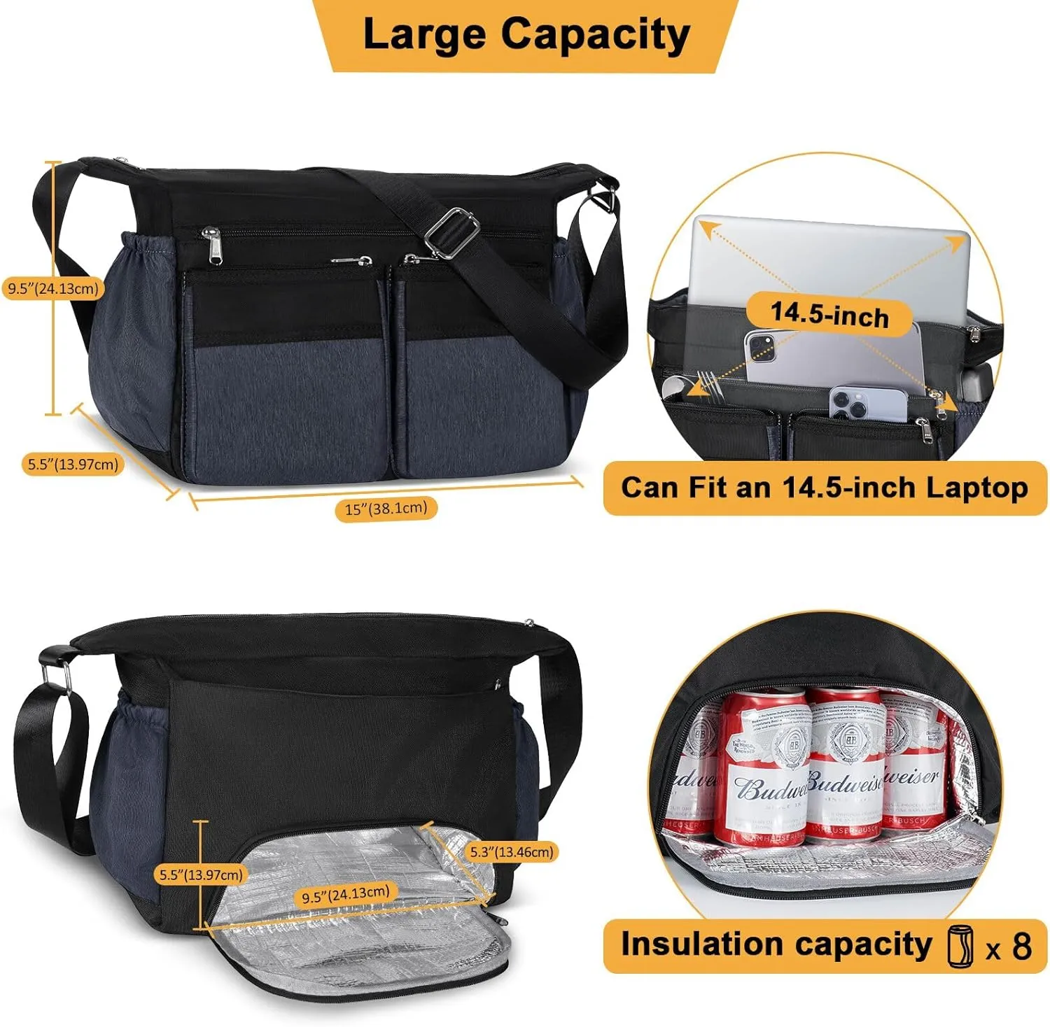 Messenger Bag with Insulated Lunch Box, Large Crossbody Bag with Leakproof Lunch Compartment for Men Women Adult, Shoulder Bag with Side Pokets for Work, Laptop iPad Water Bottle Wallet Key