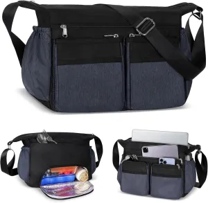 Messenger Bag with Insulated Lunch Box, Large Crossbody Bag with Leakproof Lunch Compartment for Men Women Adult, Shoulder Bag with Side Pokets for Work, Laptop iPad Water Bottle Wallet Key
