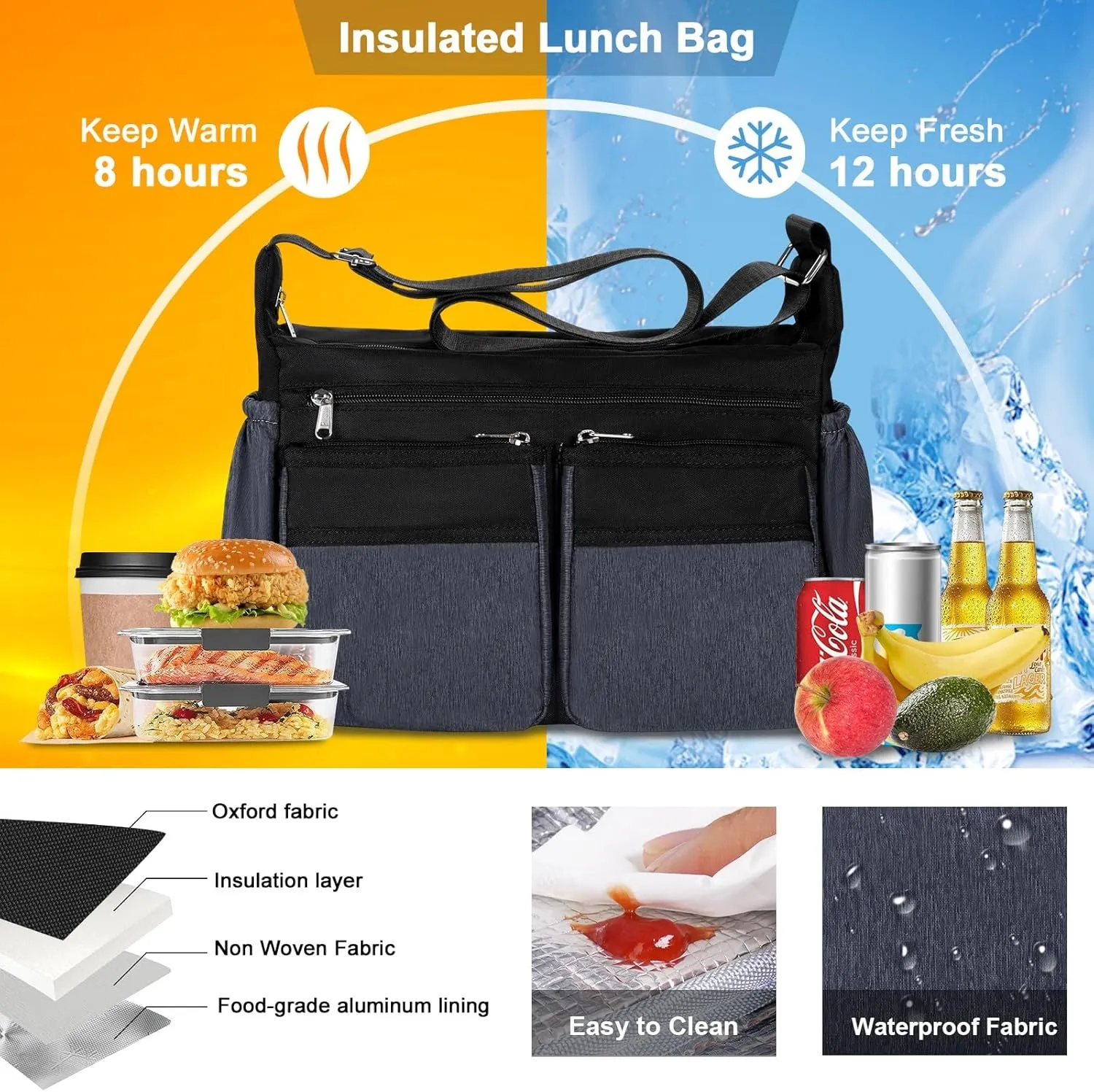 Messenger Bag with Insulated Lunch Box, Large Crossbody Bag with Leakproof Lunch Compartment for Men Women Adult, Shoulder Bag with Side Pokets for Work, Laptop iPad Water Bottle Wallet Key