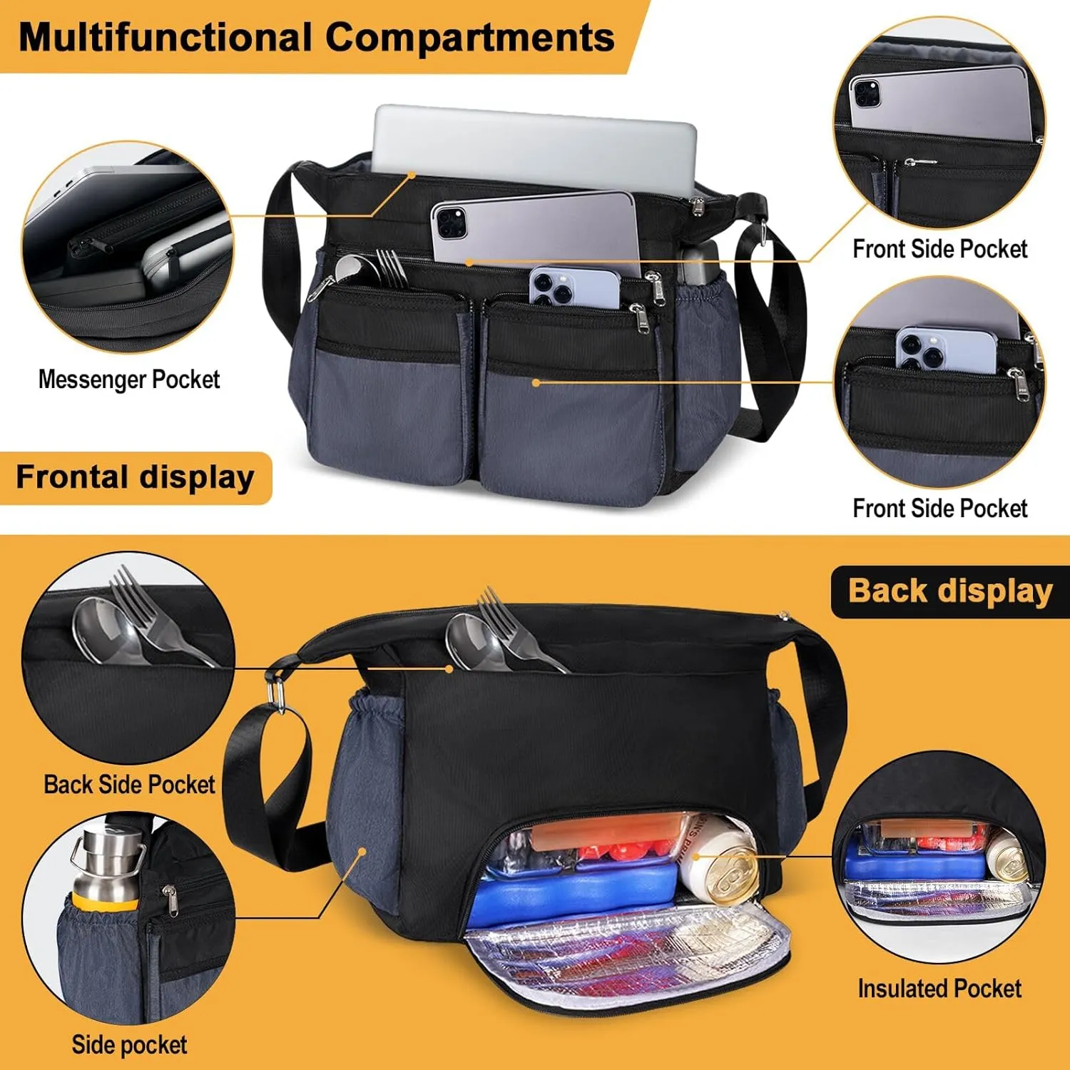 Messenger Bag with Insulated Lunch Box, Large Crossbody Bag with Leakproof Lunch Compartment for Men Women Adult, Shoulder Bag with Side Pokets for Work, Laptop iPad Water Bottle Wallet Key