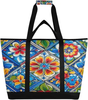 Mexican Floral Ceramic Tile Reusable Insulated Lunchbox Cooler Bag, Leakproof Kitchen Grocery Bag Collapsible Portable Cooler Tote Bag for Picnic, Camping, Office, Travel