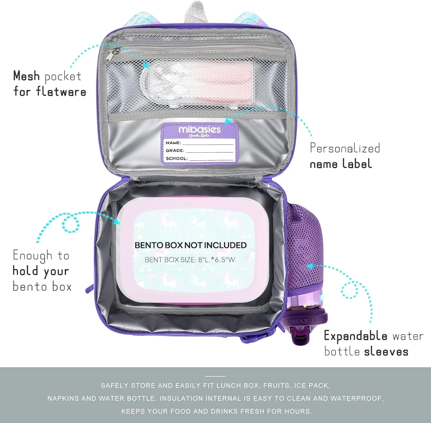 mibasies Kids Insulated Lunch Box for Girls Rainbow Unicorn Lunch Bag for School (Purple Rainbow 3)