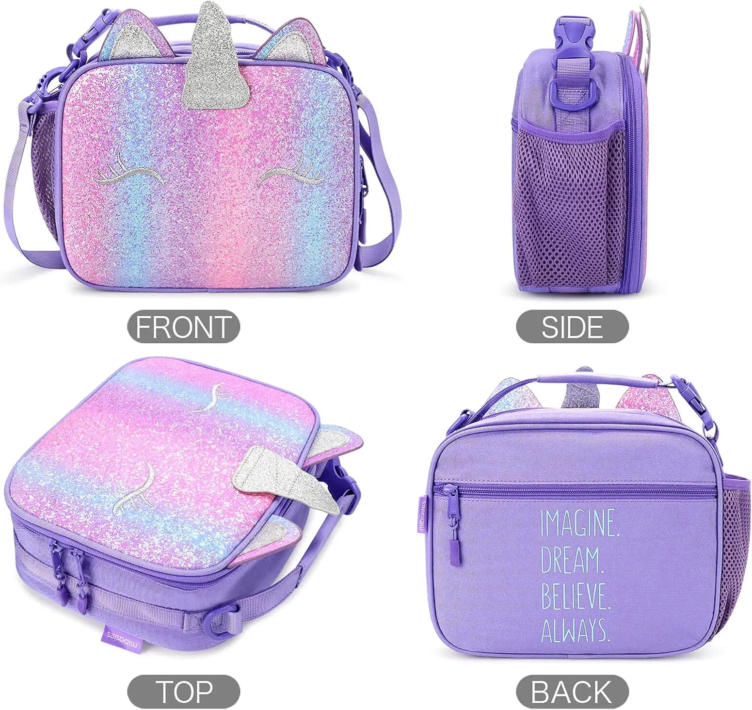 mibasies Kids Insulated Lunch Box for Girls Rainbow Unicorn Lunch Bag for School (Purple Rainbow 3)