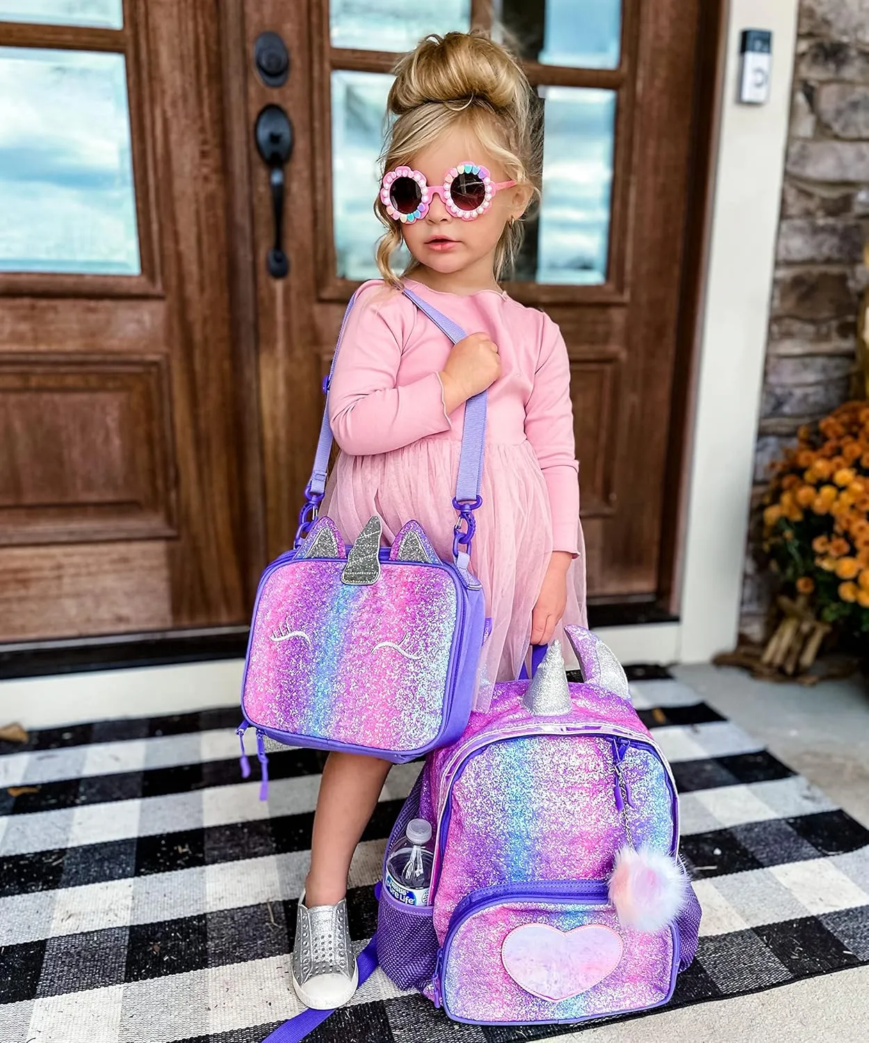 mibasies Kids Insulated Lunch Box for Girls Rainbow Unicorn Lunch Bag for School (Purple Rainbow 3)