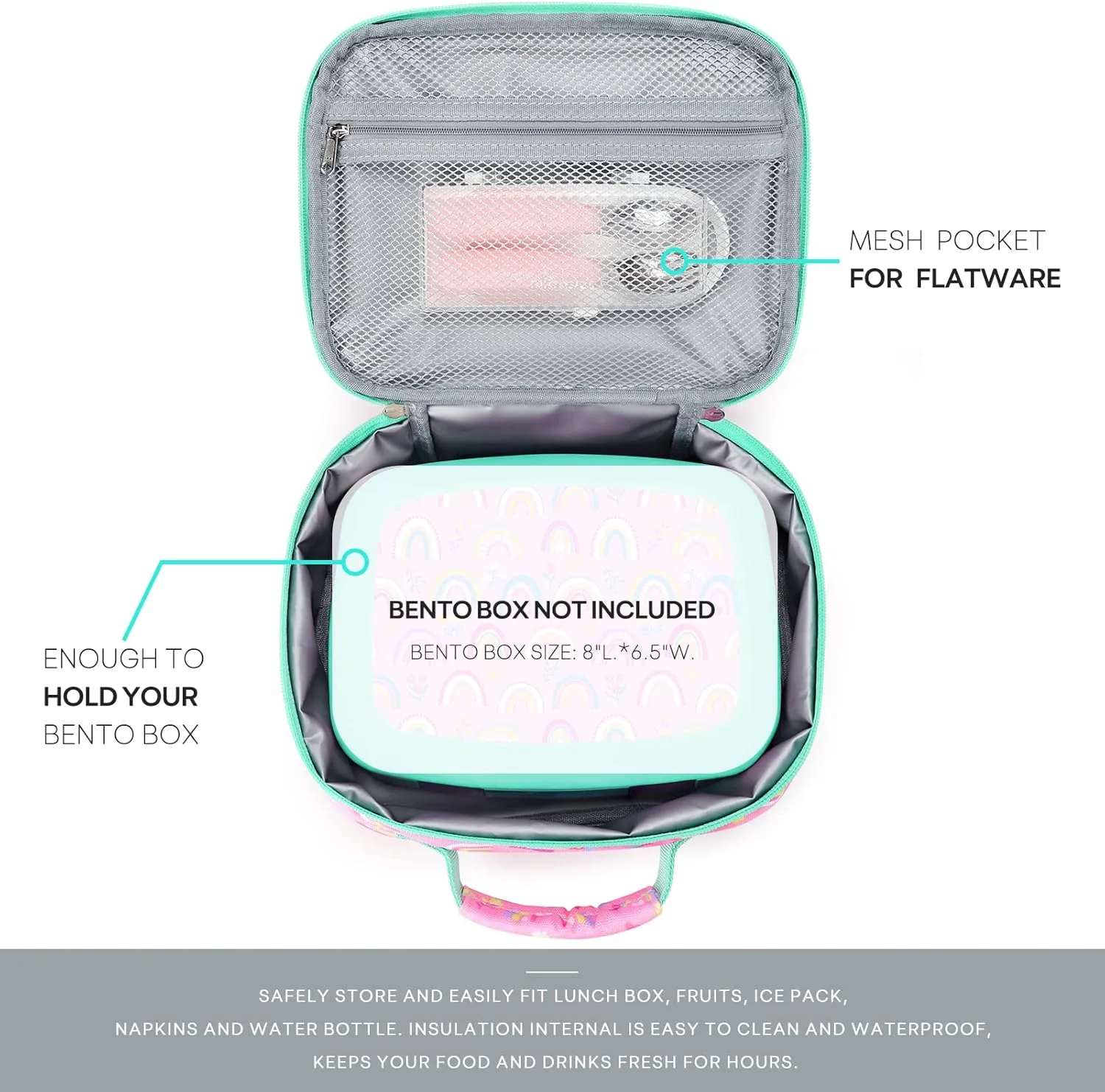 mibasies Kids Lunch Bag for Girls Toddler Insulated Lunch Box for School Travel, Flower Mermaid