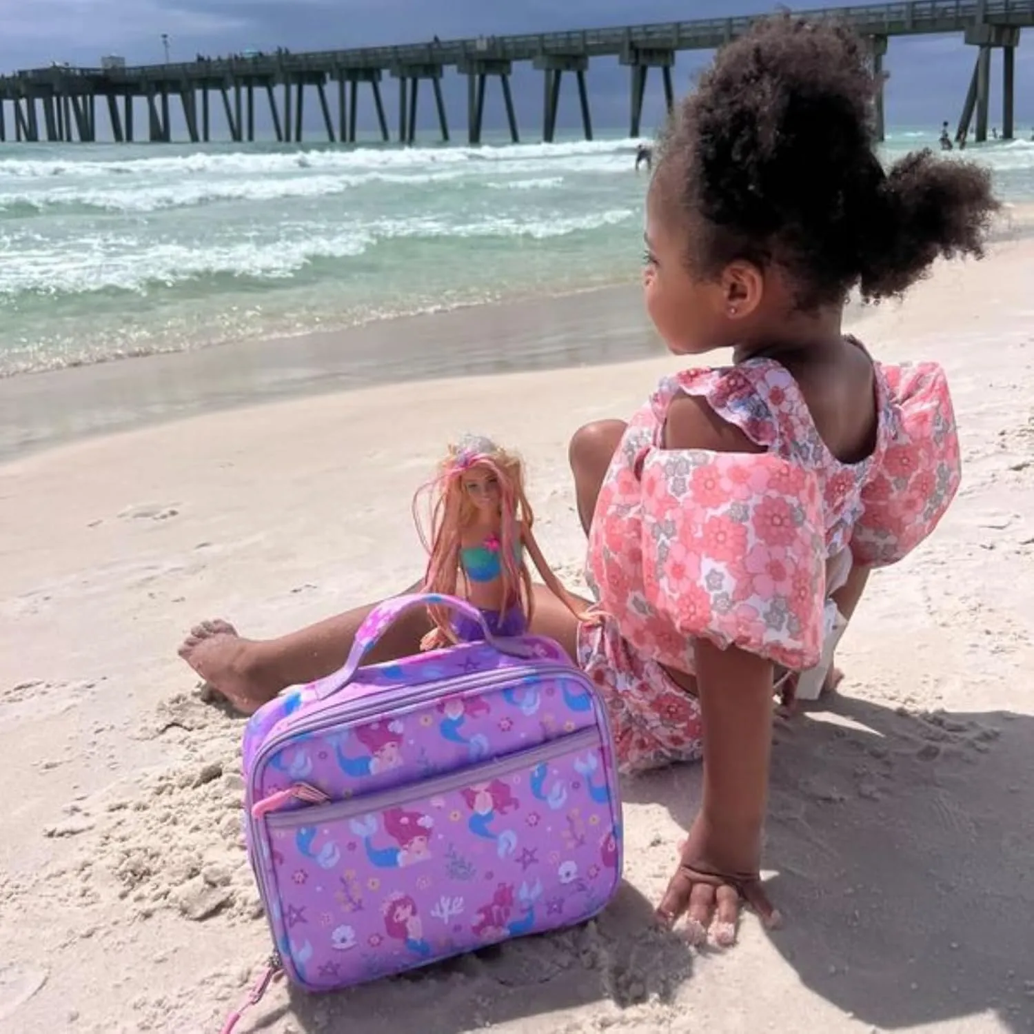 mibasies Kids Lunch Bag for Girls Toddler Insulated Lunch Box for School Travel, Flower Mermaid
