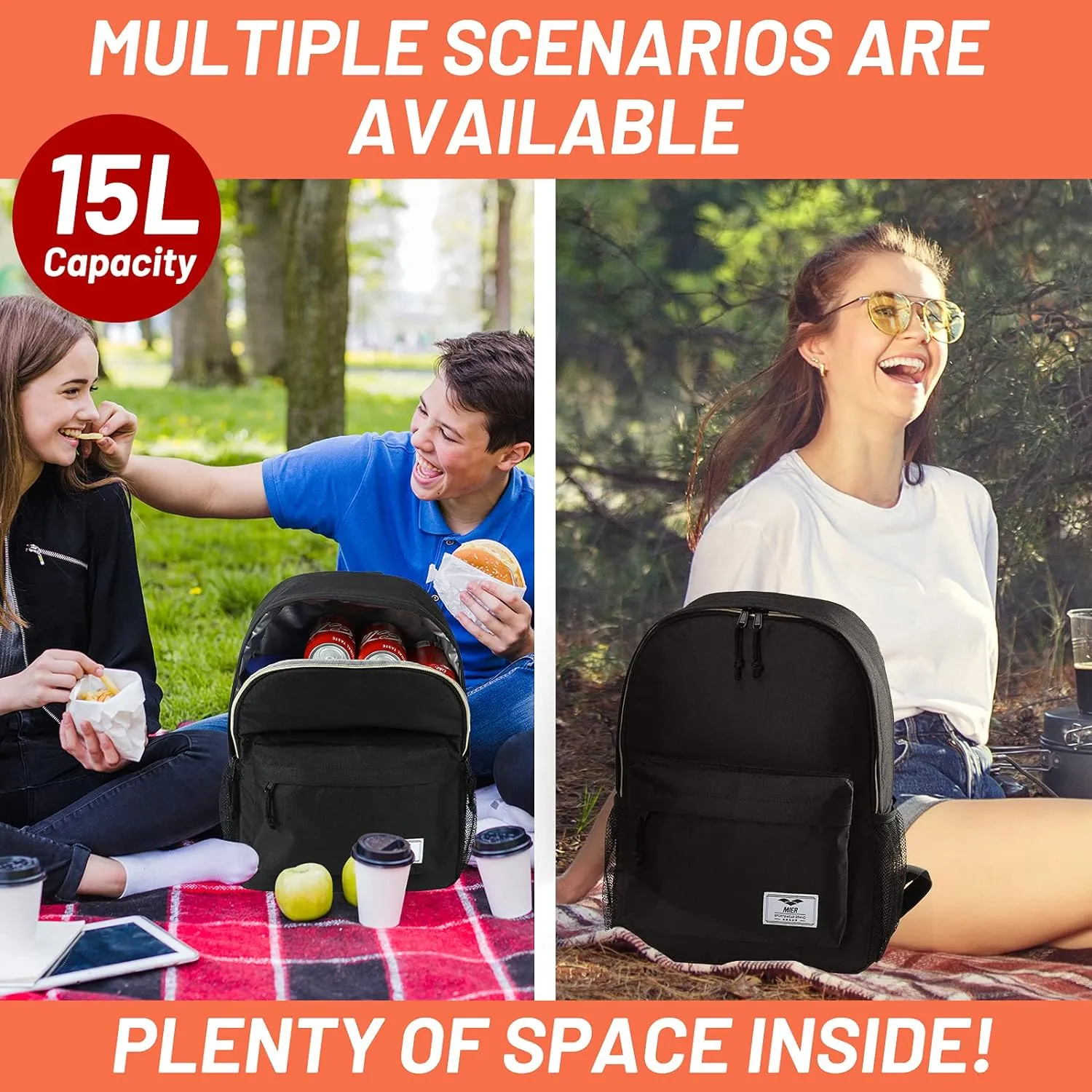 MIER Insulated Backpack Cooler Small Leakproof Lightweight Cute for Women Men to Work, Picnics, Camping, Park Day Trips, 15 L