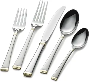 Mikasa, Gold Accent Harmony Flatware Service for 12, 65 Piece Set, 18/10 Stainless Steel, Silverware Set with Serving Utensils