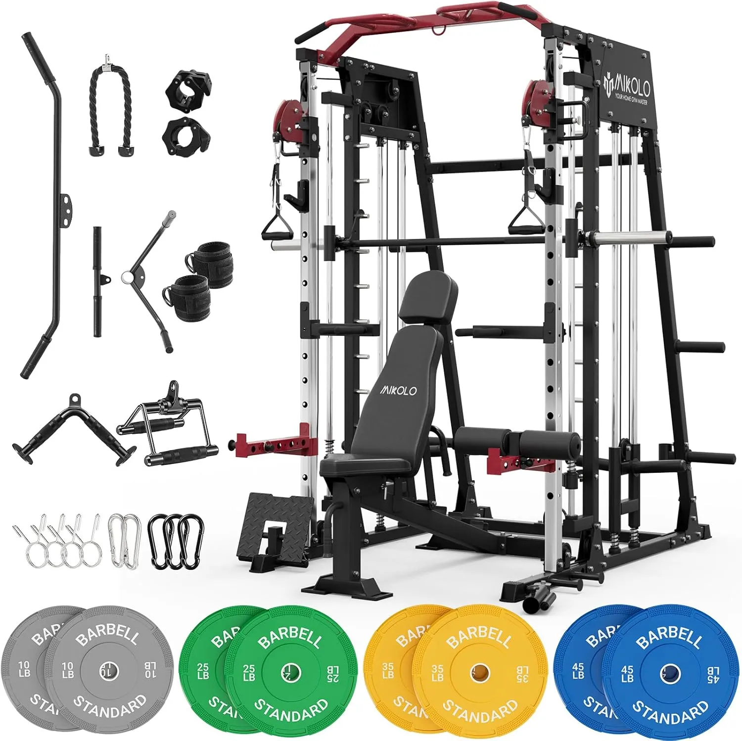 Mikolo Smith Machine, 2200lbs Squat Rack with LAT-Pull Down System & Cable Crossover Machine, Training Equipment with Leg Hold-Down Attachment, Garage & Home Gym Package