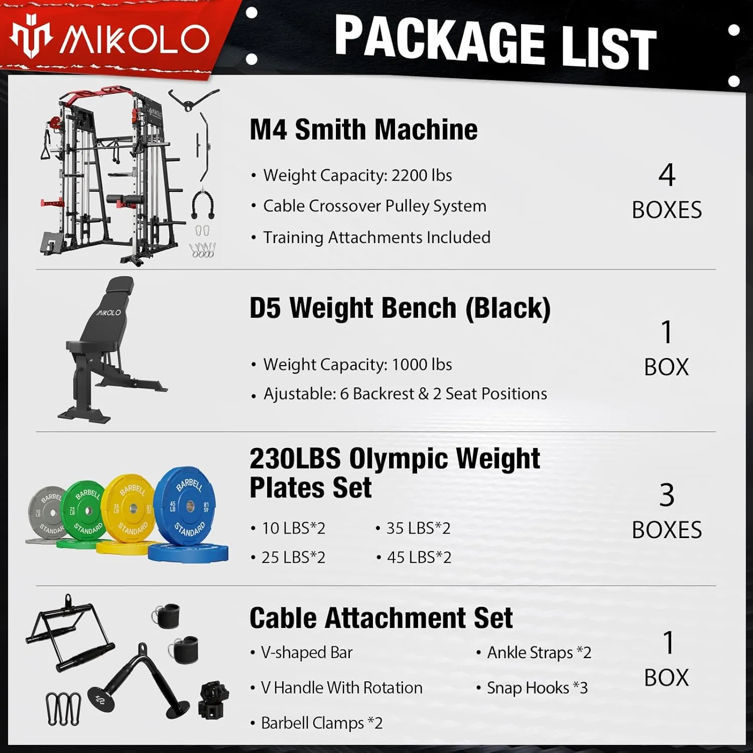 Mikolo Smith Machine, 2200lbs Squat Rack with LAT-Pull Down System & Cable Crossover Machine, Training Equipment with Leg Hold-Down Attachment, Garage & Home Gym Package